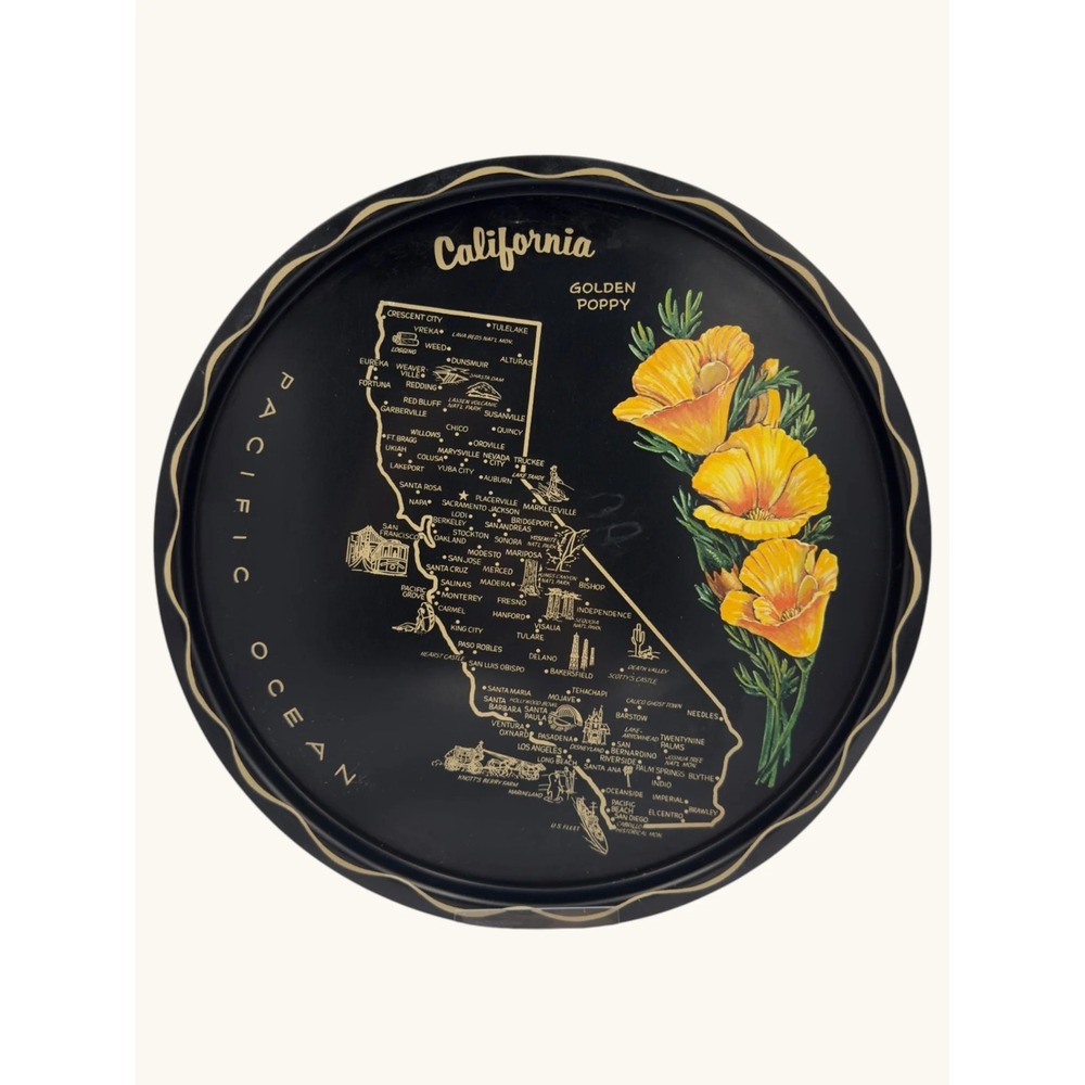 Vintage California Souvenir Metal Tray Map Golden Poppy Flowers Black Gold Round